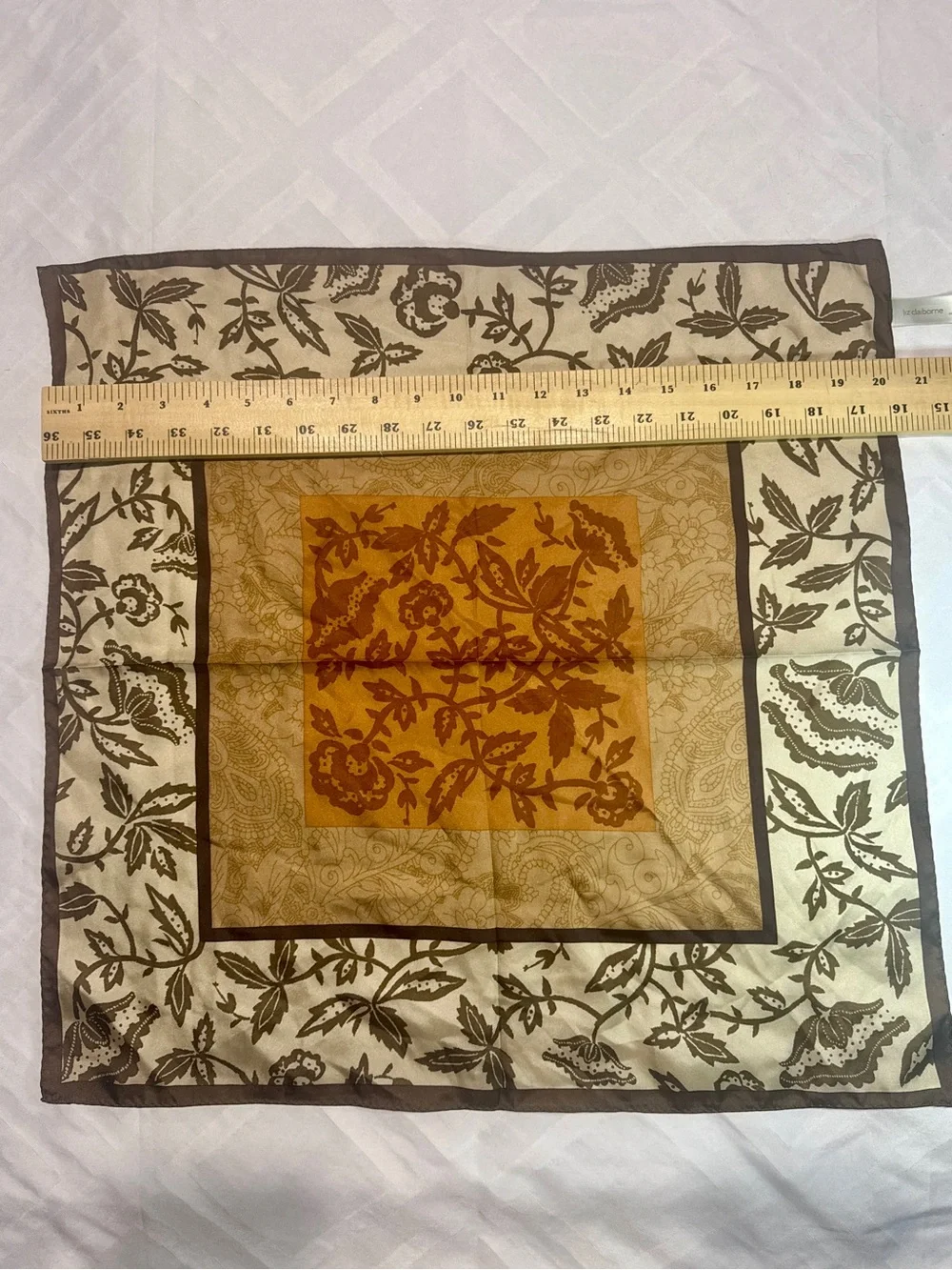 LIZ CLAIBORNE 100% Silk Scarf | Brown Cream Rust Floral | Square Scarf Purse Tie